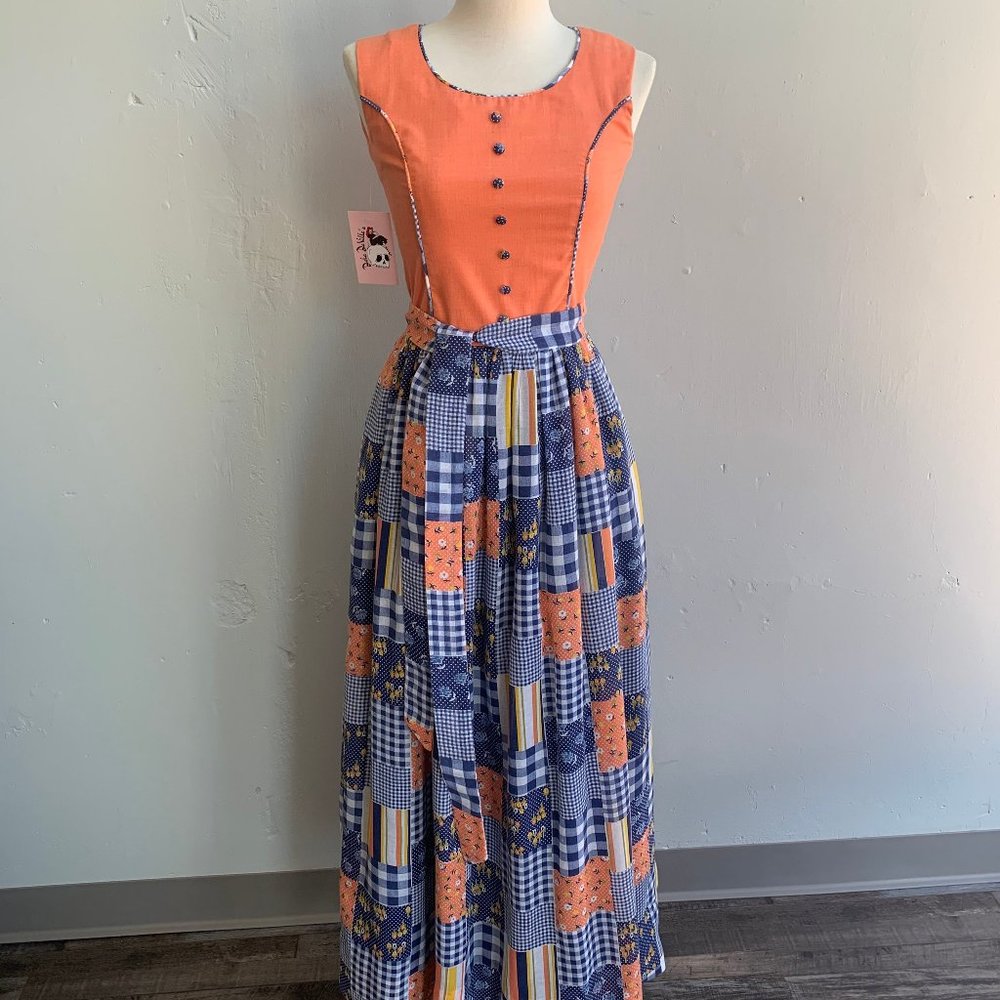 1970s Orange & Blue Patchwork Maxi Dress